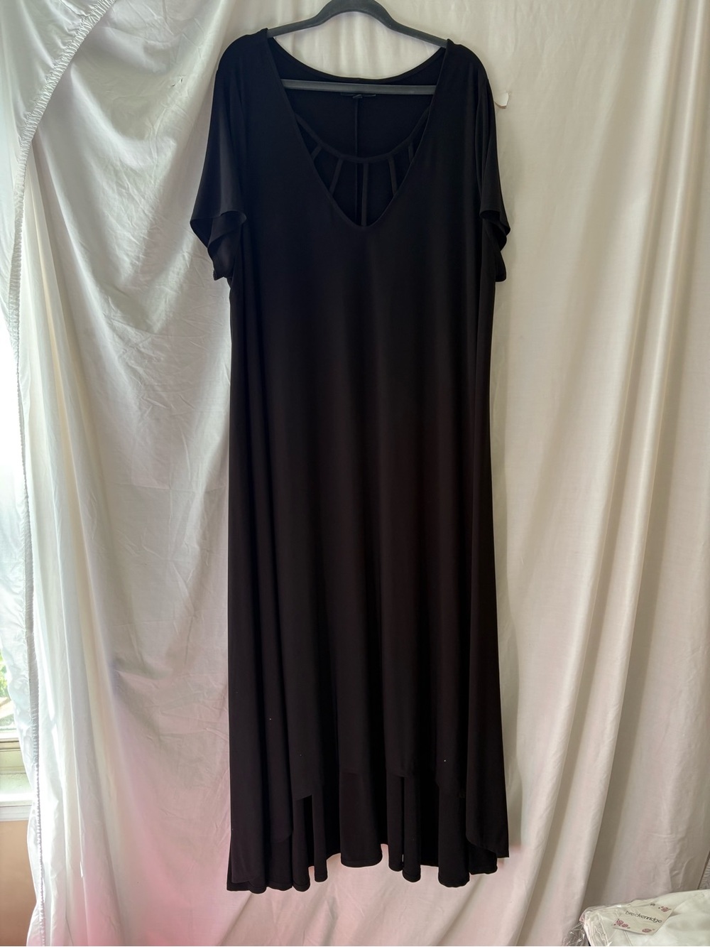 Lane Bryant Black Short-Sleeve Maxi Dress with Strappy Front and High Low Hem